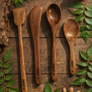 vesphere premium neem wood kitchen utensil set (4 pieces) – natural wooden spatula, turner & cooking spoon set | eco friendly, non toxic, heat resistant & durable cookware tools