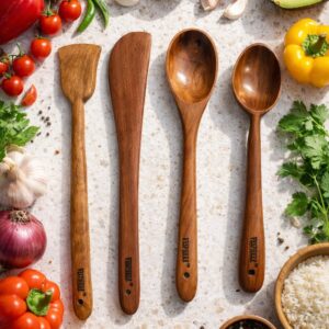 vesphere premium neem wood kitchen utensil set of 4 – handmade wooden spatula, turner & cooking spoon set | natural, eco friendly, non toxic cookware tools for non stick & healthy cooking