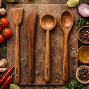 vesphere premium neem wood kitchen utensils set (4 pcs) – handcrafted wooden spatula, turner, ladle & serving spoon | eco friendly, non toxic, durable cooking tools for modern kitchen