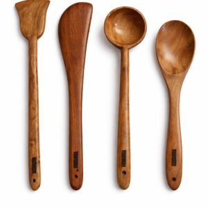 vesphere neem wood kitchen utensils set of 4 – natural wooden spatula, turner, ladle & cooking spoon | eco friendly, non stick safe, handmade wooden cooking tools
