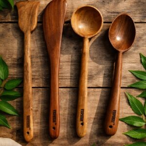 vesphere premium neem wood kitchen utensil set (4 pieces) – handcrafted natural wooden spatula, turner, ladle & cooking spoon | eco friendly, non toxic, heat resistant cookware tools
