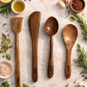 vesphere premium neem wood kitchen utensil set (4 pieces) | natural wooden spatula & cooking spoon set | eco friendly, non toxic, heat resistant cooking tools