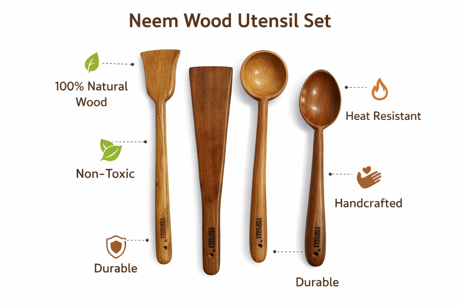 vesphere premium neem wood kitchen utensil set (4 pieces) – natural wooden spatula, turner, soup ladle & cooking spoon | eco friendly, non toxic, durable & heat resistant cookware tools vesphere premium neem wood kitchen utensil set (4 pieces) – natural wooden spatula, turner, soup ladle & cooking spoon | eco friendly, non toxic, durable & heat resistant cookware tools