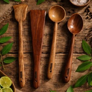 vesphere premium neem wood kitchen utensil set (4 pieces) – natural wooden spatula, turner, soup ladle & cooking spoon | eco friendly, non toxic, durable & heat resistant cookware tools