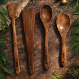 vesphere premium neem wood kitchen utensil set (4 pieces) – natural wooden cooking spoon & spatula set | eco friendly, chemical free, durable & heat resistant cookware tools for everyday cooking