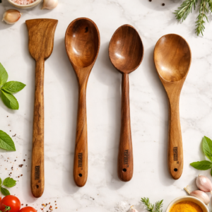 vesphere premium neem wood kitchen spoon set (4 pieces) – handcrafted wooden cooking utensils | natural, eco friendly, heat resistant, non toxic cookware tools for daily cooking & serving