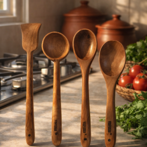 vesphere premium neem wood kitchen utensil set (4 pieces) – handmade wooden spatula, soup ladle, serving spoon & cooking spoon | natural, eco friendly, heat resistant & non toxic kitchen tools