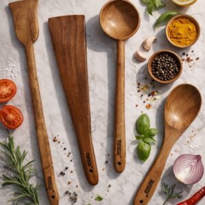 vesphere premium neem wood kitchen utensil set (4 pieces) – handmade natural wooden spatula, turner, ladle & cooking spoon | eco friendly, non toxic, durable cookware tools for healthy cooking