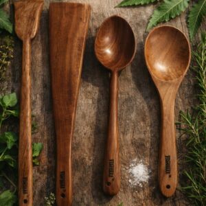 vesphere premium neem wood kitchen utensil set (4 pieces) – handcrafted natural wooden spatula, turner & cooking spoons | eco friendly, heat resistant, non toxic cookware tools for daily cooking
