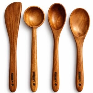 vesphere neem wood kitchen utensil set – 4 pcs wooden cooking spoons (spatula, ladle, serving & mixing spoon) | natural, non toxic & durable cookware tools