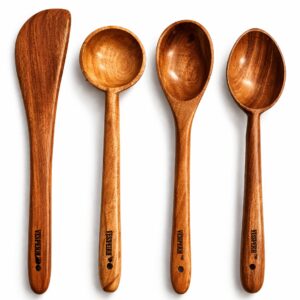 vesphere neem wood kitchen spoon set of 4 – handmade cooking ladle, spatula & serving spoons | natural wooden utensils for non stick cookware