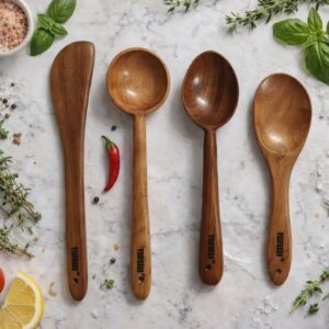 vesphere neem wood kitchen utensil set (4 pcs) – natural wooden spatula, ladle & cooking spoons, eco friendly, non toxic & durable cookware tools