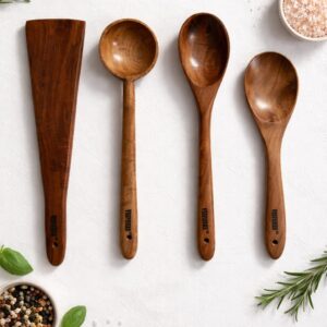 vesphere neem wood kitchen utensil set (4 pcs) – spatula, ladle, cooking & serving spoons | natural, eco friendly, durable wooden cooking tools