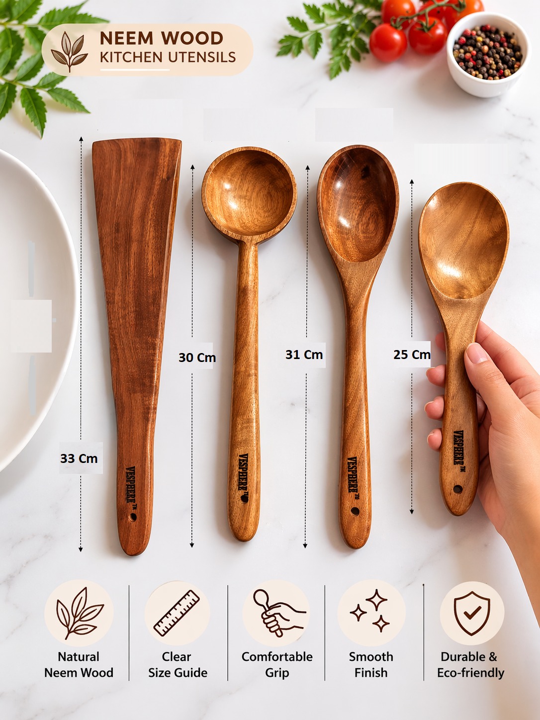 vesphere neem wood kitchen utensil set (4 pcs) – spatula, ladle, cooking & serving spoons | natural, eco friendly, durable wooden cooking tools vesphere neem wood kitchen utensil set (4 pcs) – spatula, ladle, cooking & serving spoons | natural, eco friendly, durable wooden cooking tools