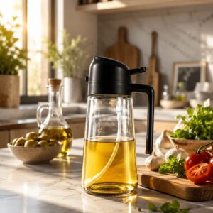 vesphere premium glass oil dispenser spray bottle with handle | leak proof olive oil sprayer for cooking, air fryer, bbq, salad & kitchen use | refillable multipurpose oil mister