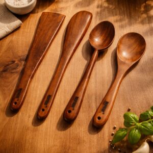 vesphere premium neem wood kitchen utensil set (4 pieces) – handcrafted natural wooden spatula & cooking spoon set | eco friendly, durable, non toxic cookware tools for everyday cooking