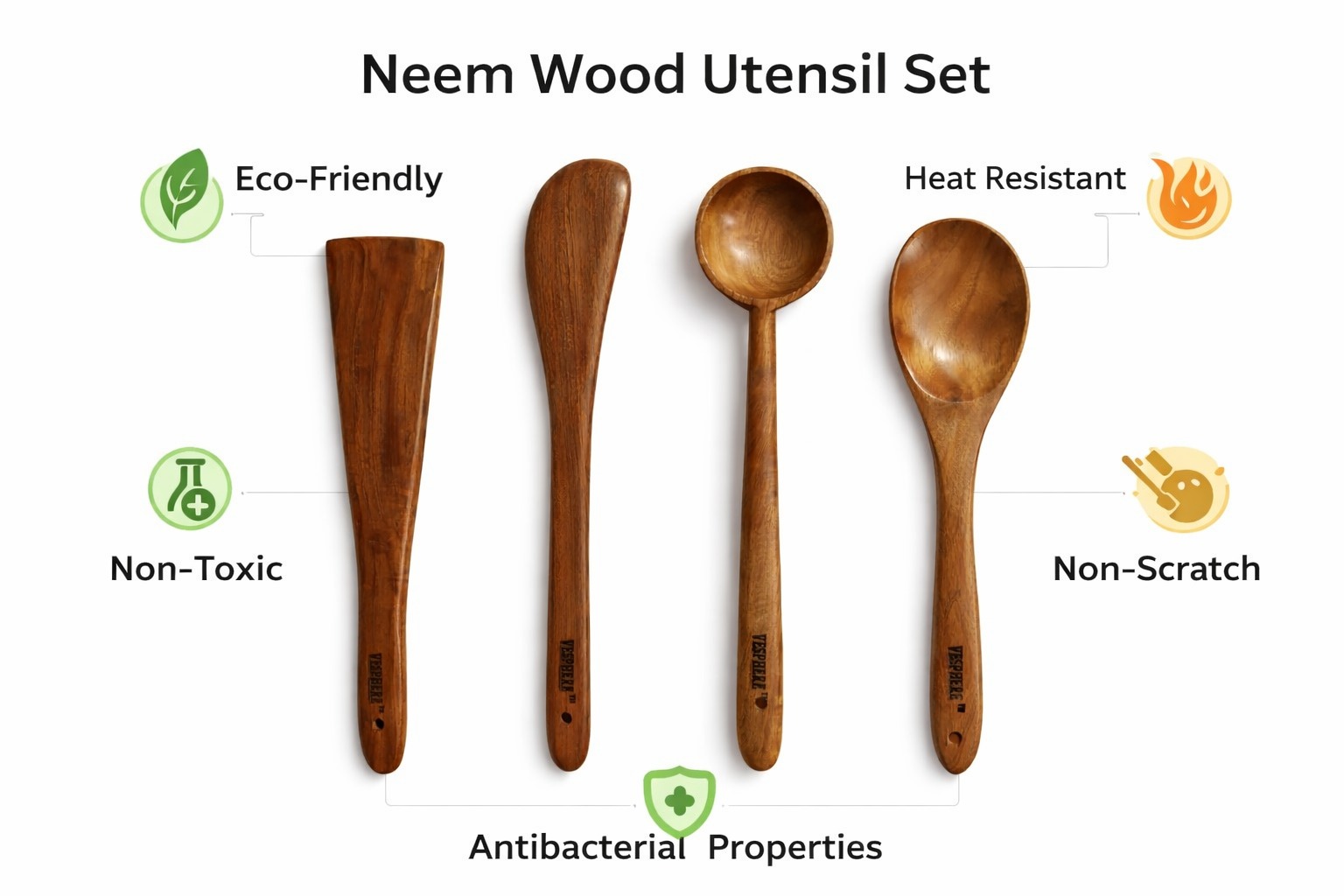 vesphere neem wood kitchen utensil set – spatula, turner, ladle & cooking spoon | natural wooden cooking tools | non stick safe & eco friendly vesphere neem wood kitchen utensil set – spatula, turner, ladle & cooking spoon | natural wooden cooking tools | non stick safe & eco friendly