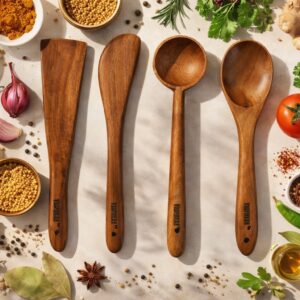 vesphere neem wood kitchen utensil set – spatula, turner, ladle & cooking spoon | natural wooden cooking tools | non stick safe & eco friendly
